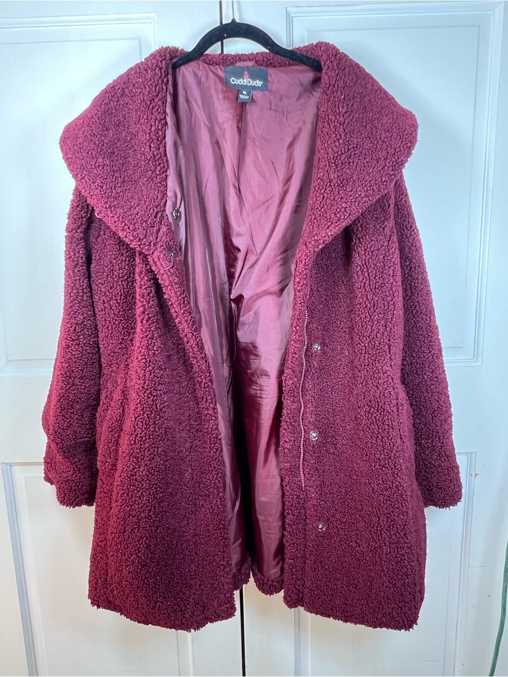 Cuddl Duds Burgundy Fleece Teddy Coat Wide Collar Zipper/Snap-Button Front Sz XL
